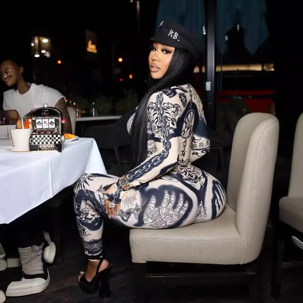 Dramatic All-Over Print Long Sleeve Body-Hugging Jumpsuit