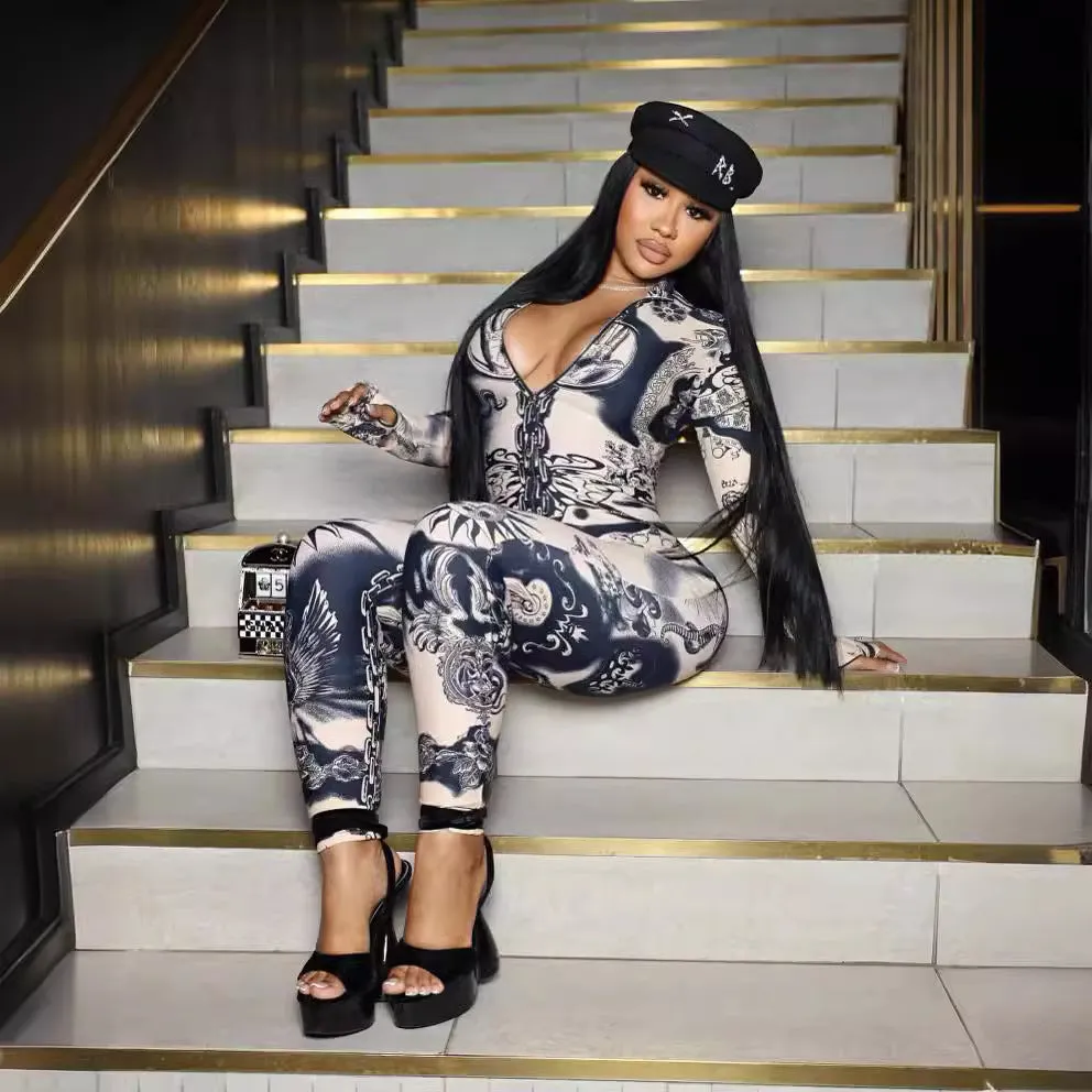 Dramatic All-Over Print Long Sleeve Body-Hugging Jumpsuit
