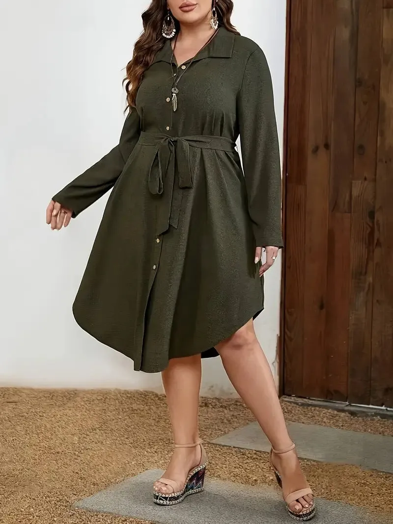 Effortlessly Elegant Long Sleeve Button-Down Waist Dress with Collar Design