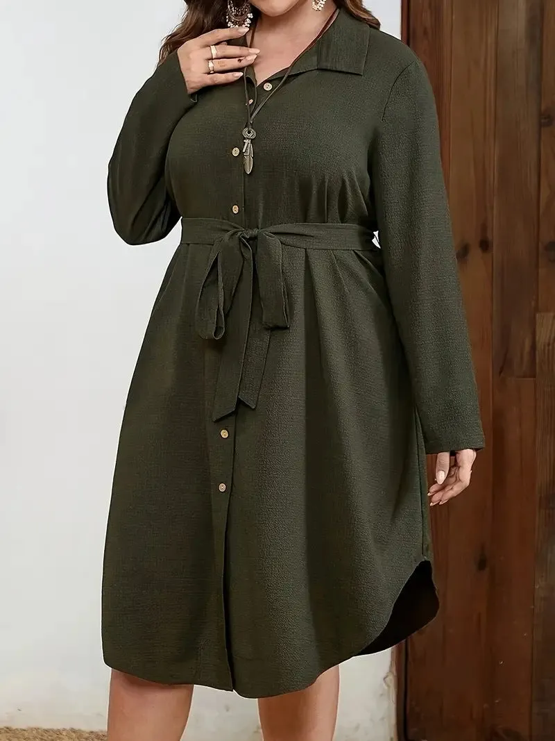 Effortlessly Elegant Long Sleeve Button-Down Waist Dress with Collar Design