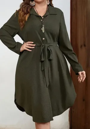 Effortlessly Elegant Long Sleeve Button-Down Waist Dress with Collar Design