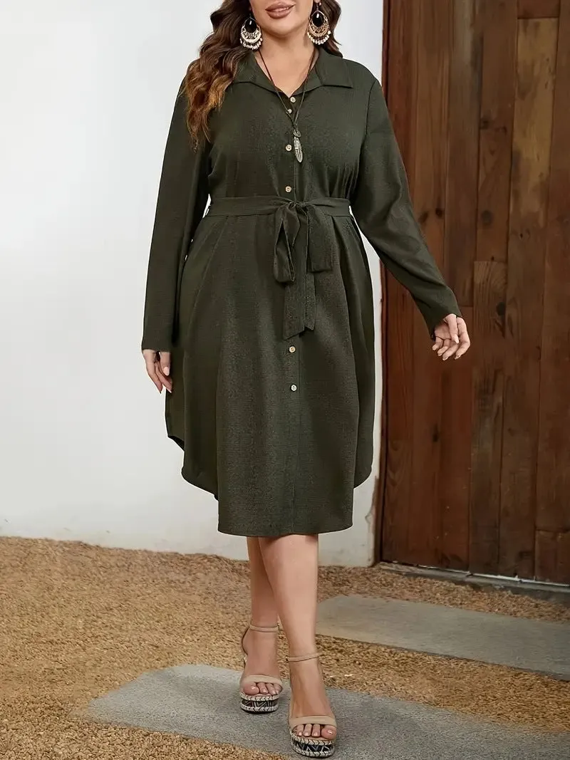 Effortlessly Elegant Long Sleeve Button-Down Waist Dress with Collar Design