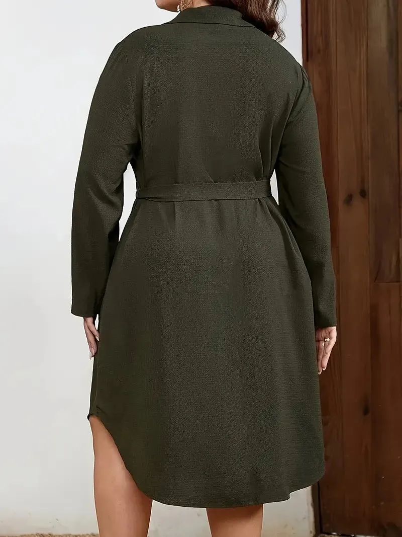 Effortlessly Elegant Long Sleeve Button-Down Waist Dress with Collar Design