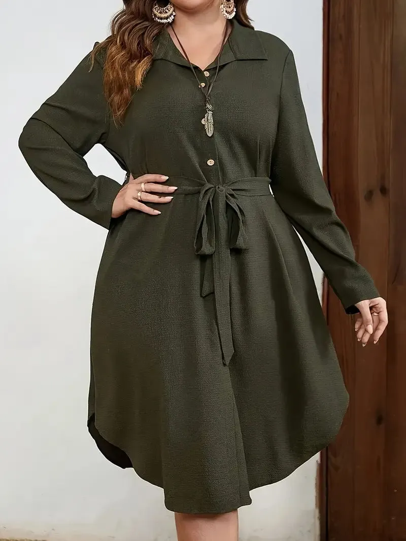 Effortlessly Elegant Long Sleeve Button-Down Waist Dress with Collar Design