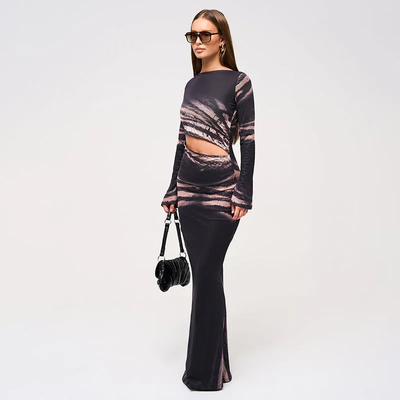 Elegant Autumn Print Slim Long Dress with Alluring Hollow Waist Detail