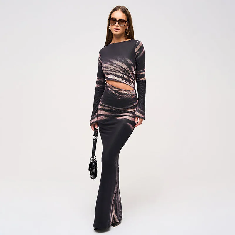Elegant Autumn Print Slim Long Dress with Alluring Hollow Waist Detail