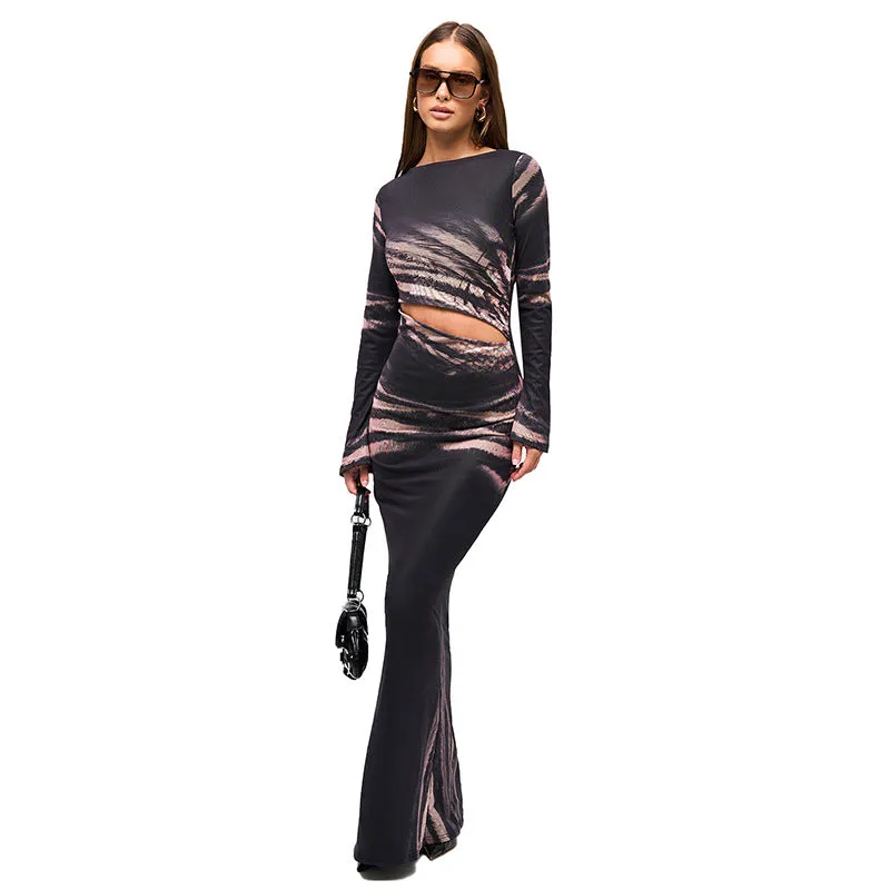 Elegant Autumn Print Slim Long Dress with Alluring Hollow Waist Detail