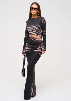Elegant Autumn Print Slim Long Dress with Alluring Hollow Waist Detail