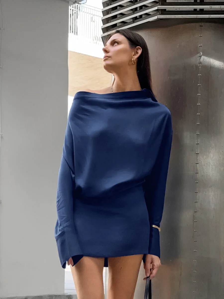 Elegant Blue Satin Irregular Long-Sleeve Dress for Timeless Autumn and Winter Style