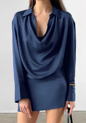 Elegant Blue Satin Irregular Long-Sleeve Dress for Timeless Autumn and Winter Style