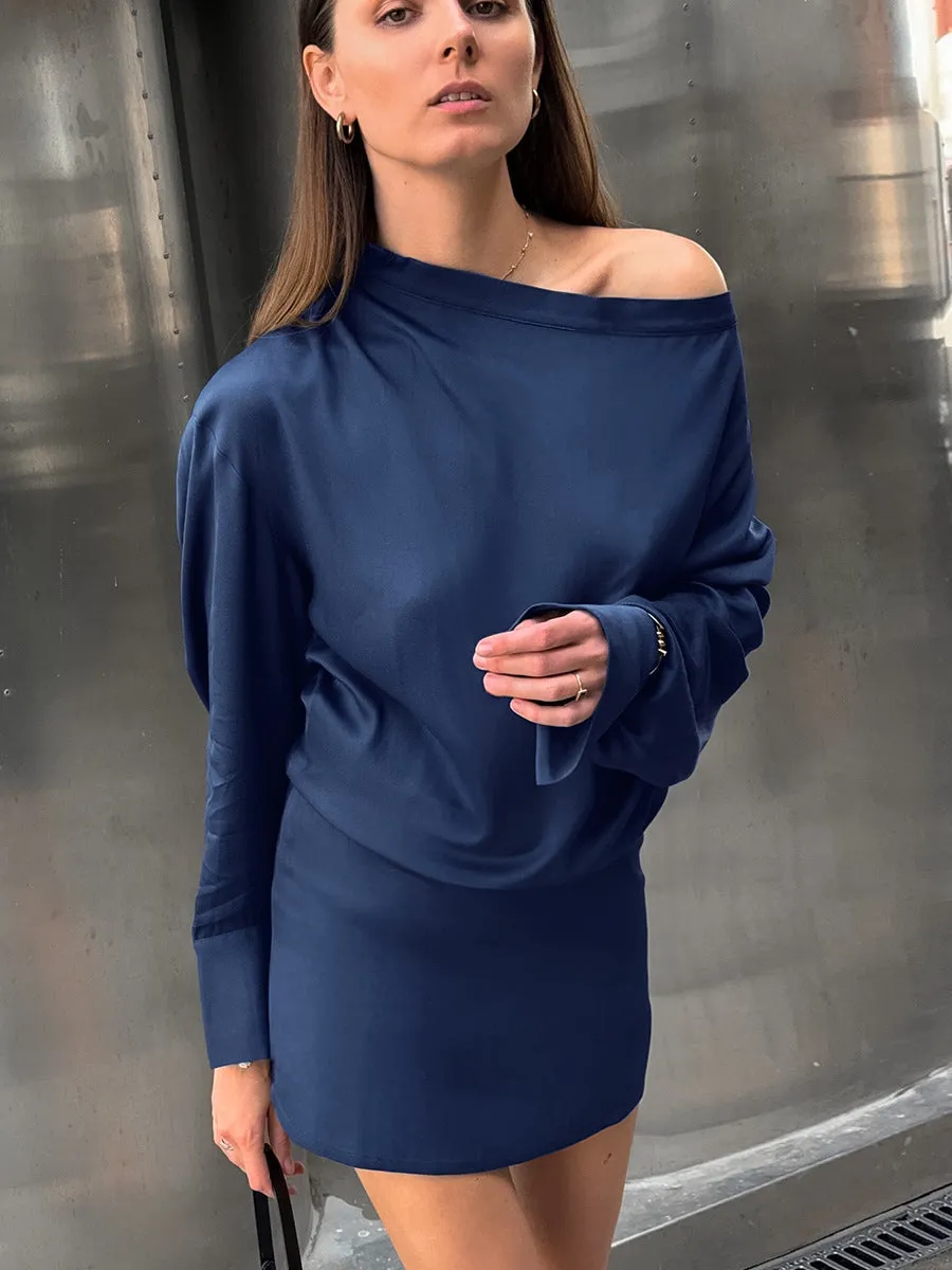 Elegant Blue Satin Irregular Long-Sleeve Dress for Timeless Autumn and Winter Style