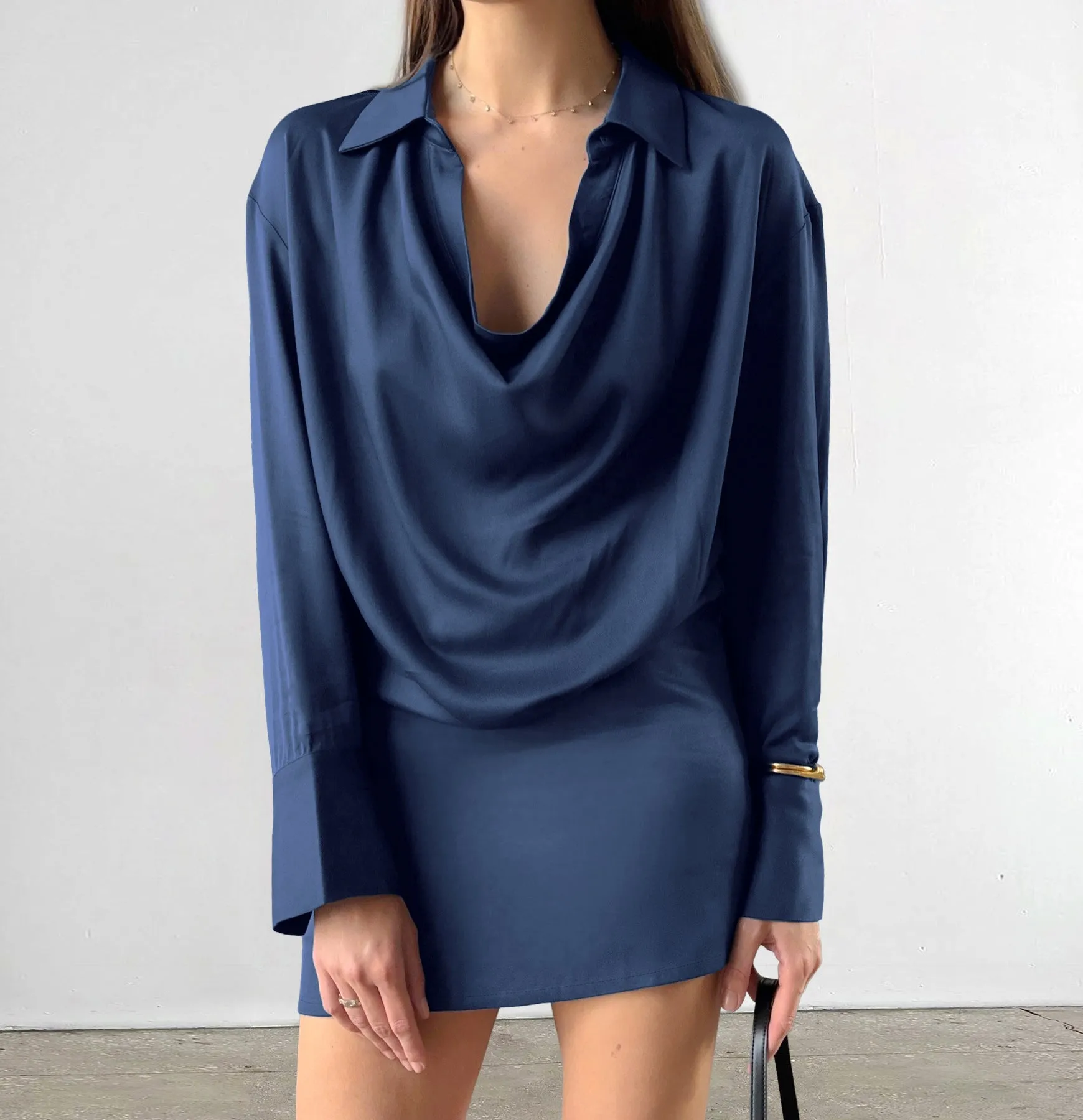 Elegant Blue Satin Irregular Long-Sleeve Dress for Timeless Autumn and Winter Style