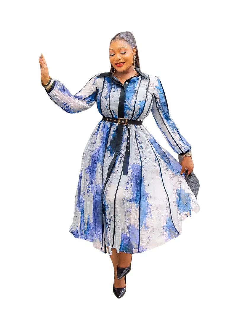 Elegant Contrast Watercolor Print Shirt Dress with Belted Waist