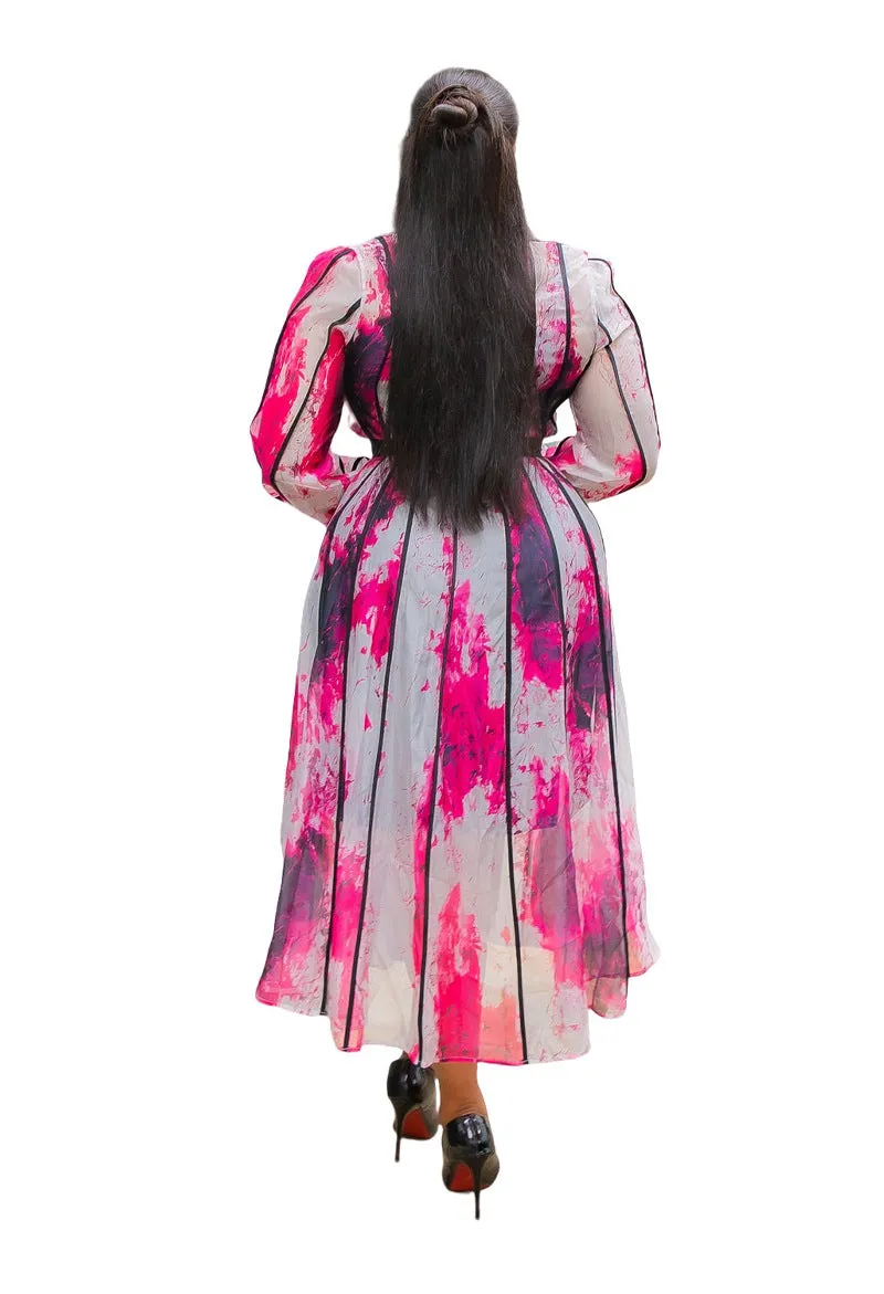 Elegant Contrast Watercolor Print Shirt Dress with Belted Waist