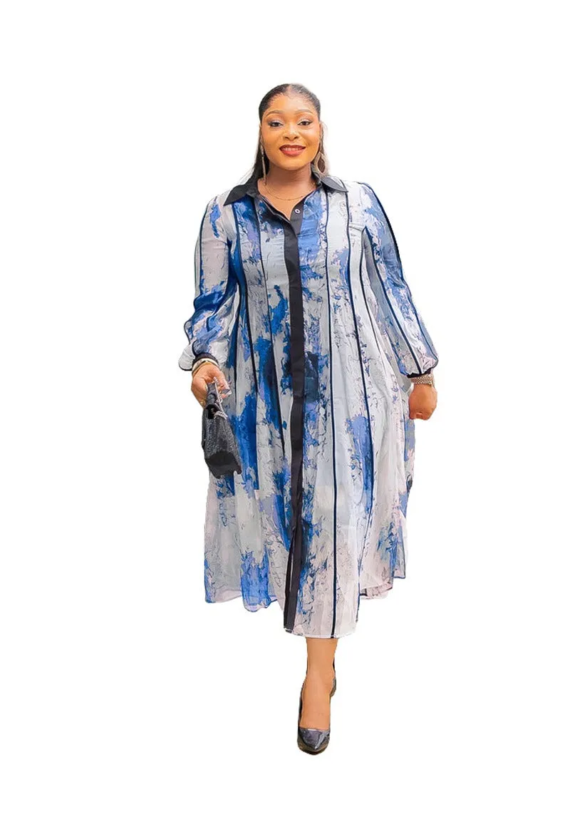 Elegant Contrast Watercolor Print Shirt Dress with Belted Waist