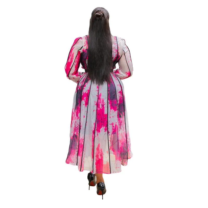 Elegant Contrast Watercolor Print Shirt Dress with Belted Waist