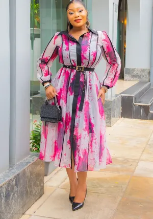 Elegant Contrast Watercolor Print Shirt Dress with Belted Waist