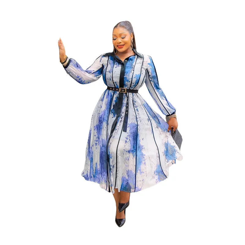 Elegant Contrast Watercolor Print Shirt Dress with Belted Waist