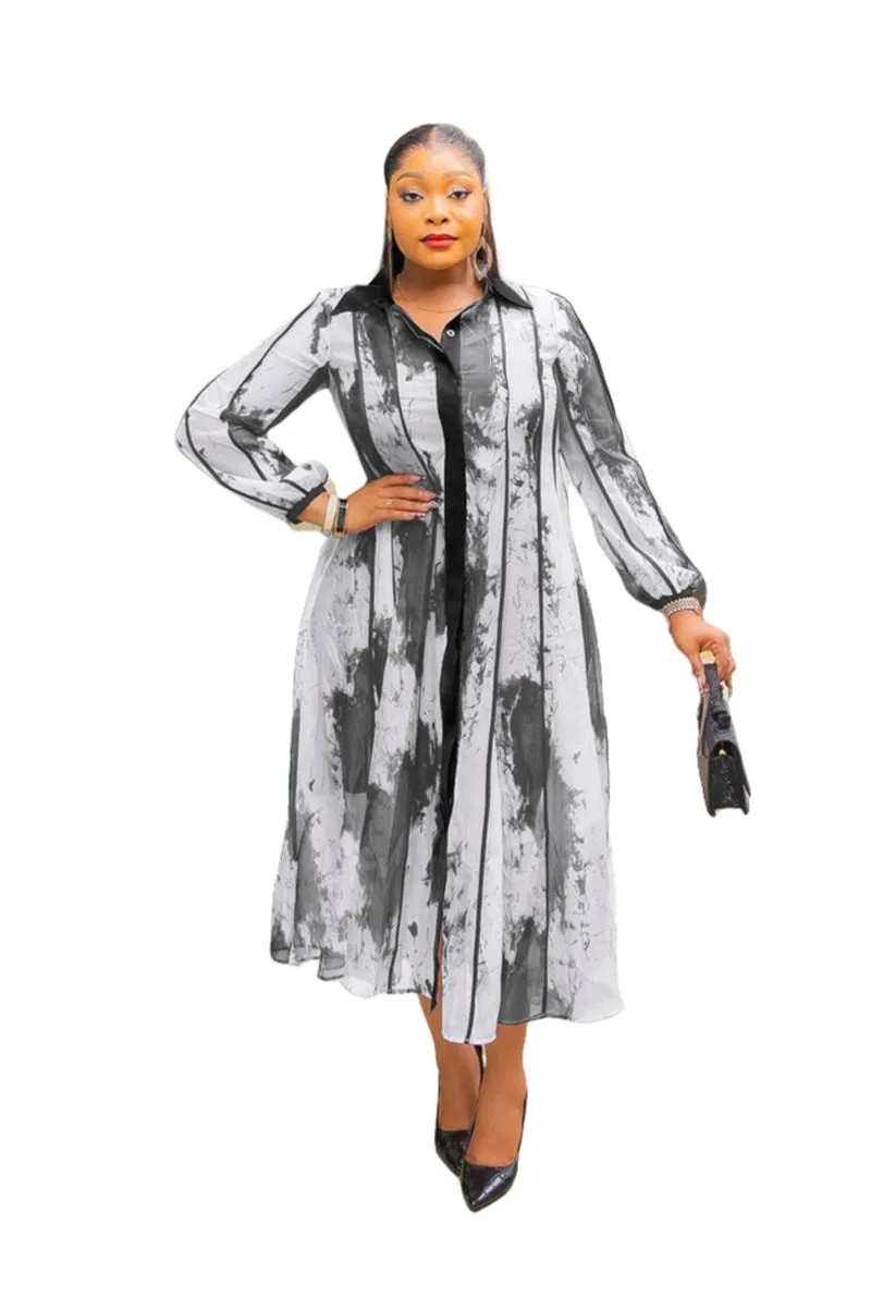 Elegant Contrast Watercolor Print Shirt Dress with Belted Waist