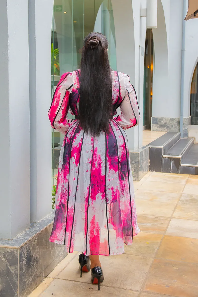 Elegant Contrast Watercolor Print Shirt Dress with Belted Waist