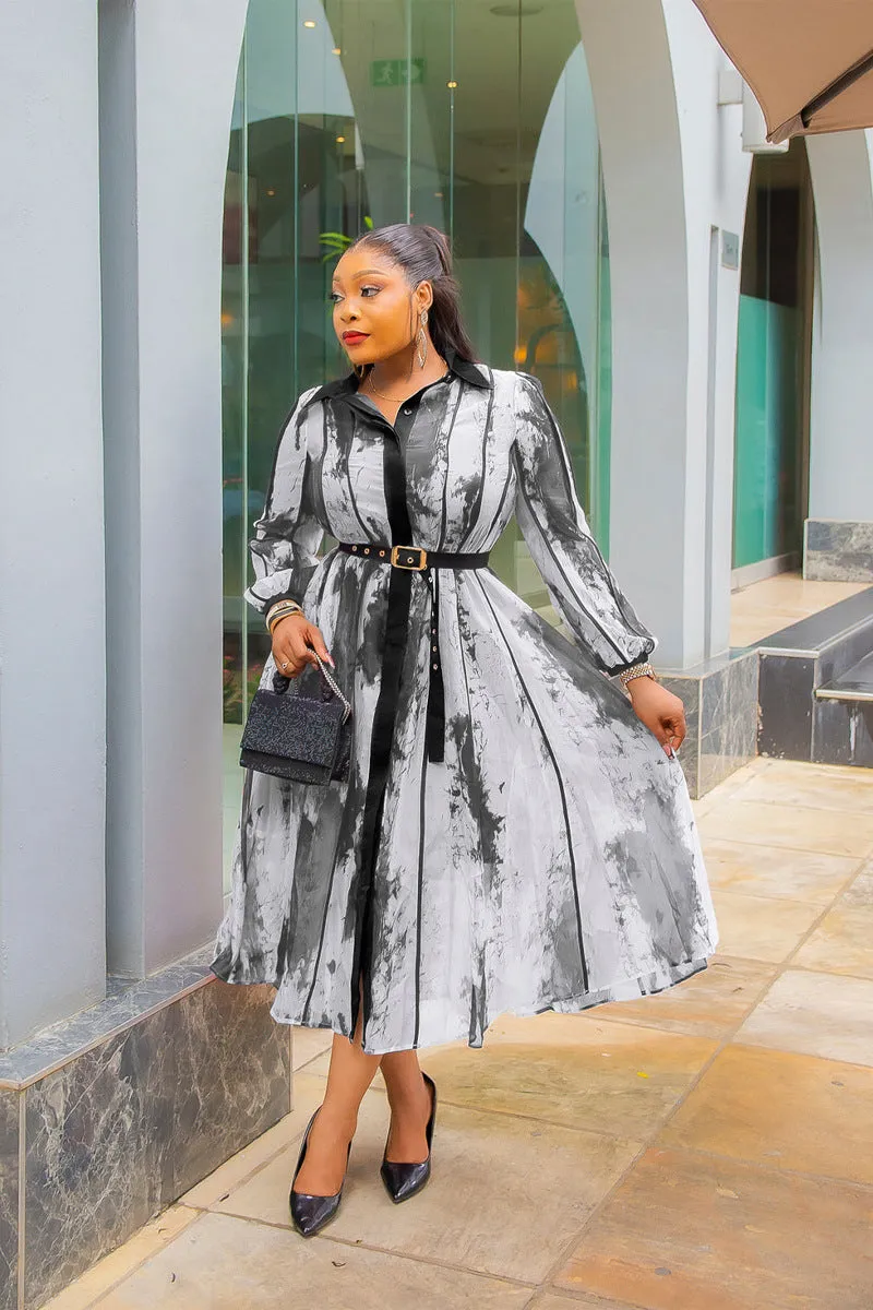 Elegant Contrast Watercolor Print Shirt Dress with Belted Waist