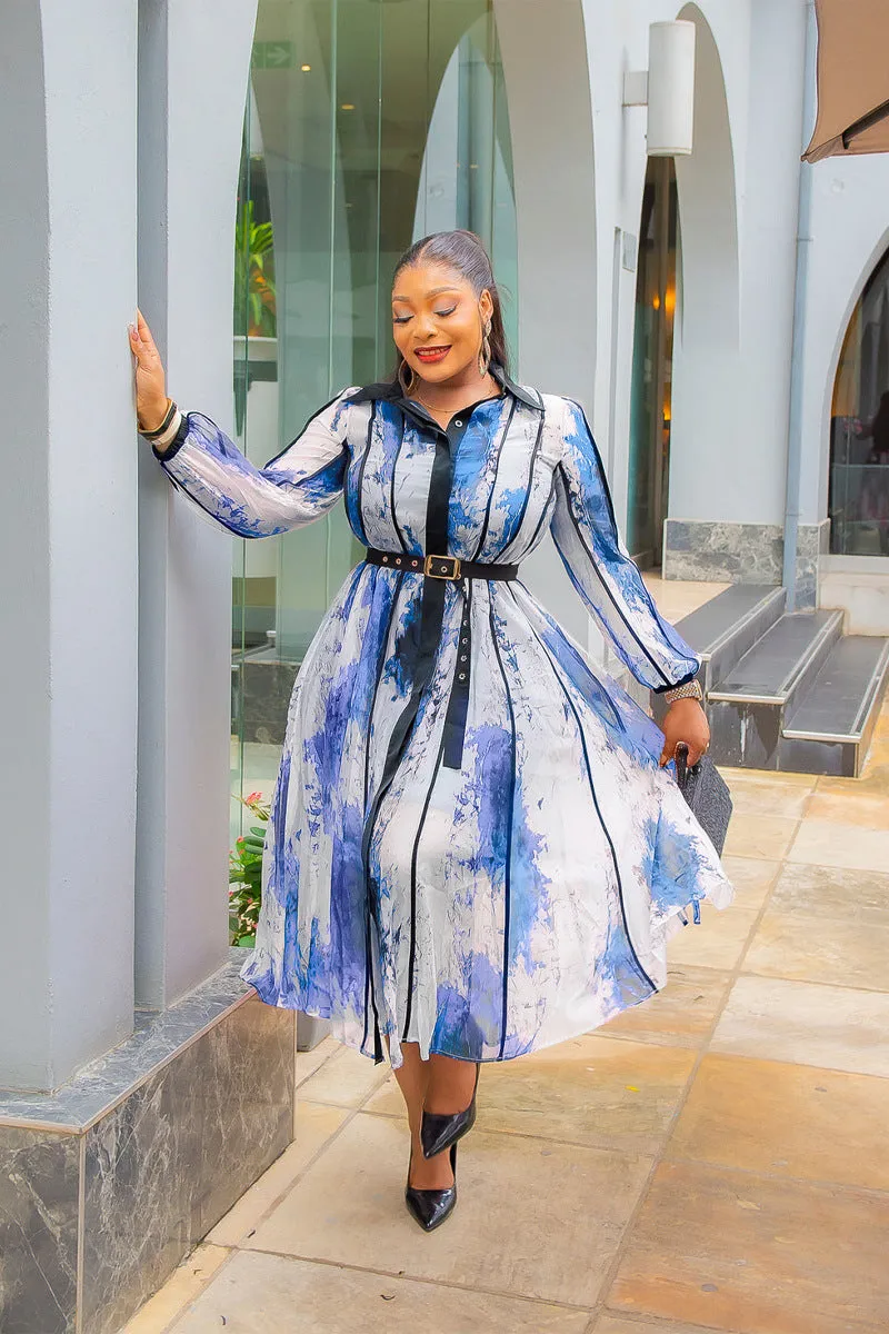 Elegant Contrast Watercolor Print Shirt Dress with Belted Waist