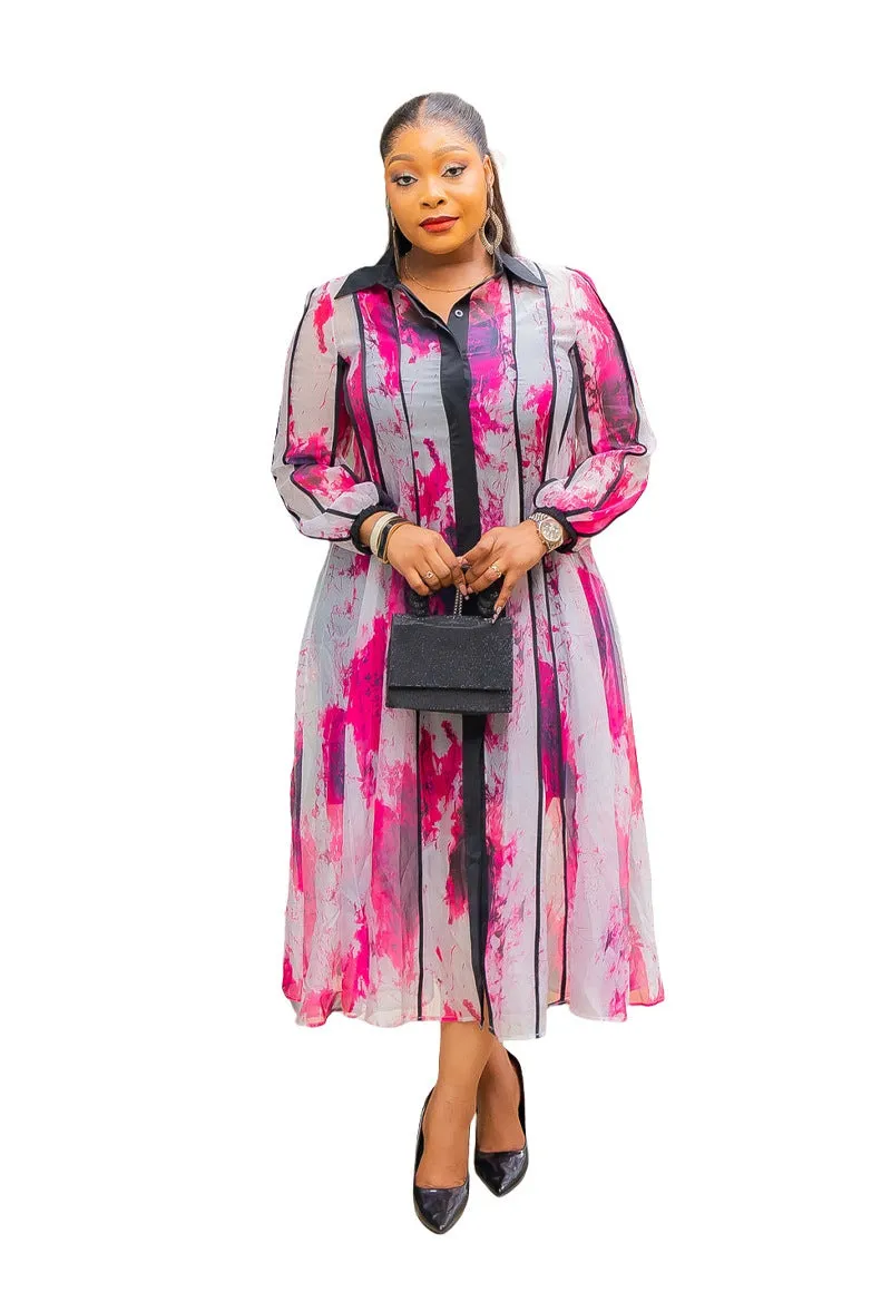 Elegant Contrast Watercolor Print Shirt Dress with Belted Waist