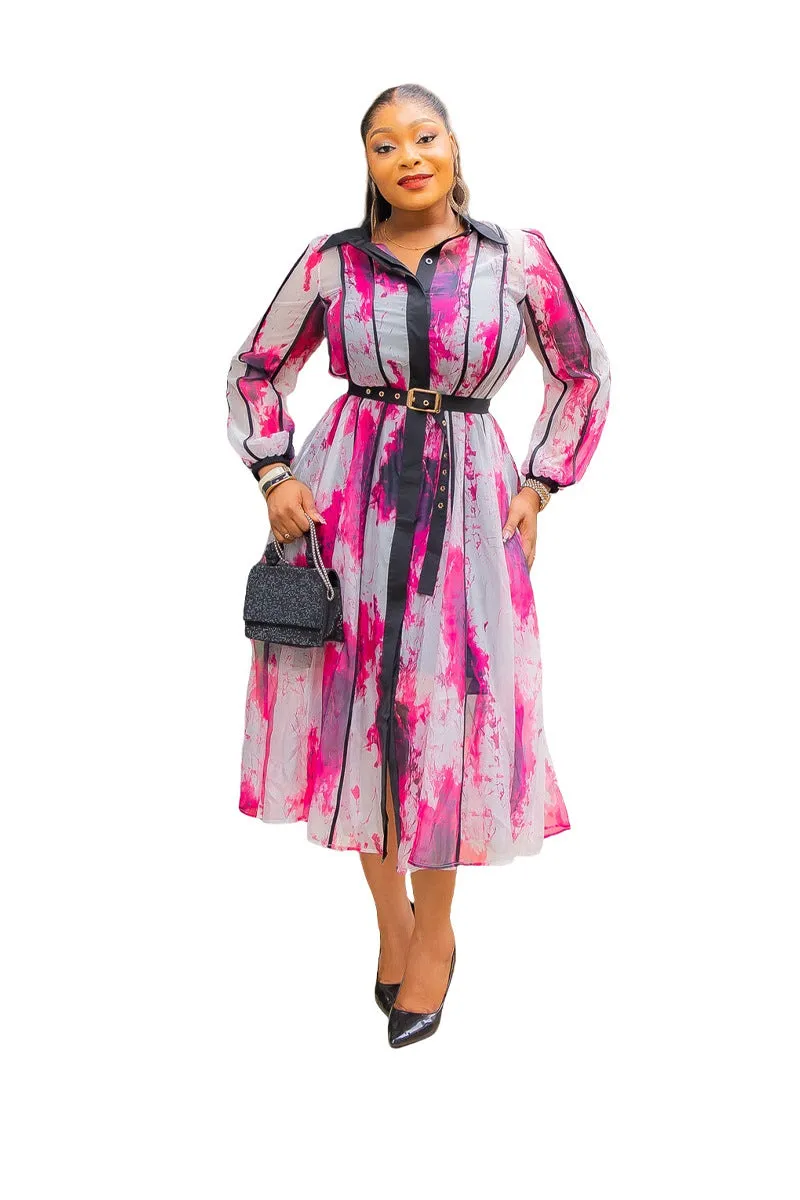 Elegant Contrast Watercolor Print Shirt Dress with Belted Waist