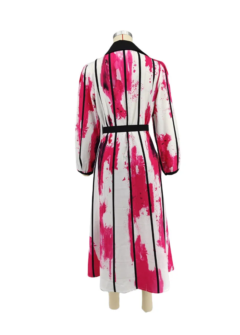 Elegant Contrast Watercolor Print Shirt Dress with Belted Waist