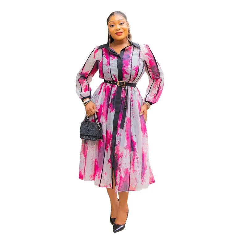 Elegant Contrast Watercolor Print Shirt Dress with Belted Waist