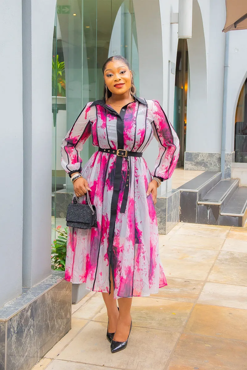 Elegant Contrast Watercolor Print Shirt Dress with Belted Waist