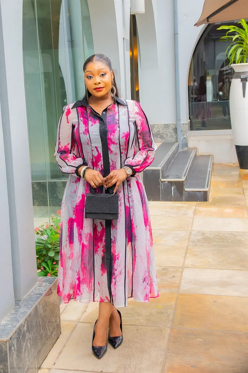 Elegant Contrast Watercolor Print Shirt Dress with Belted Waist
