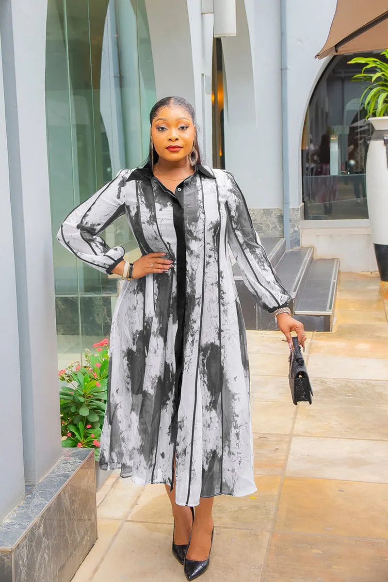 Elegant Contrast Watercolor Print Shirt Dress with Belted Waist