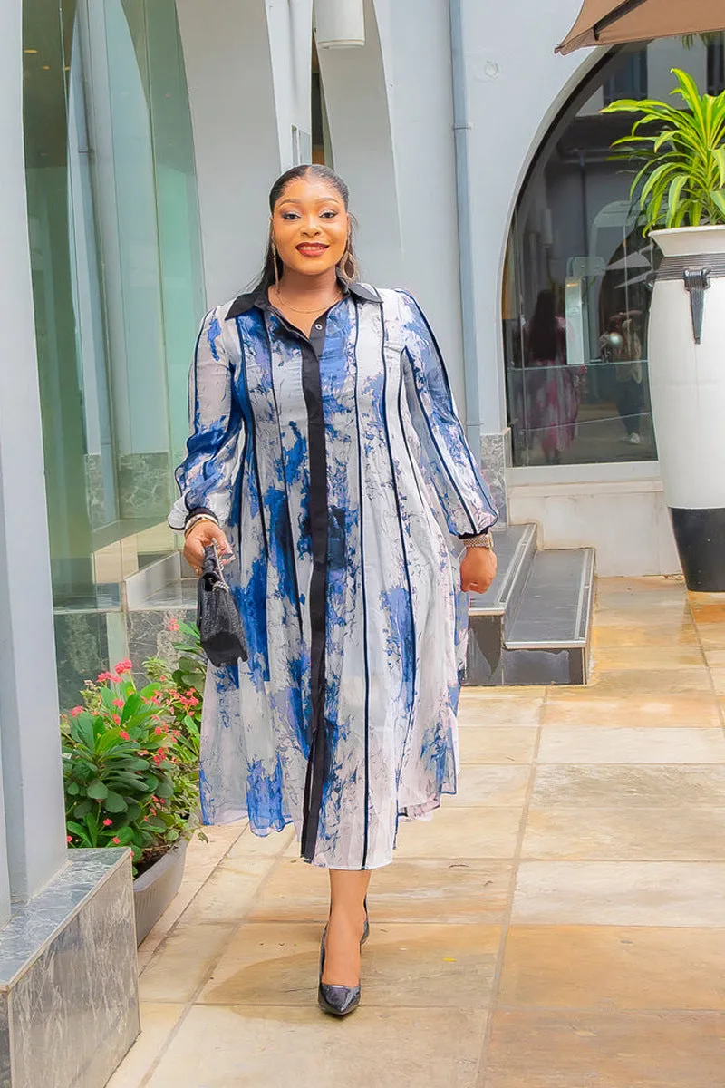 Elegant Contrast Watercolor Print Shirt Dress with Belted Waist
