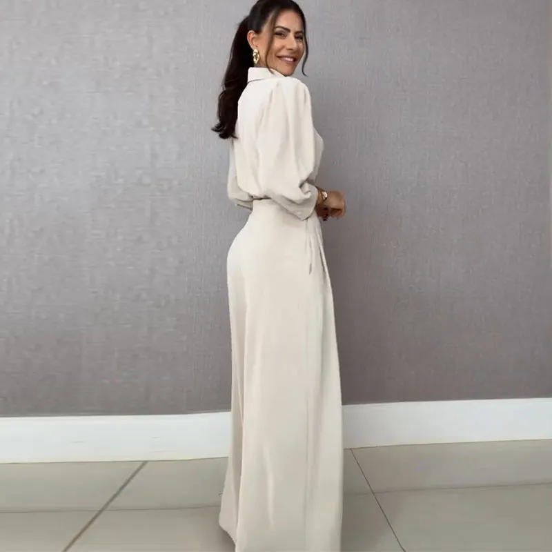 Elegant Drawstring Cropped Shirt and Wide-Leg Pants Two-Piece Set