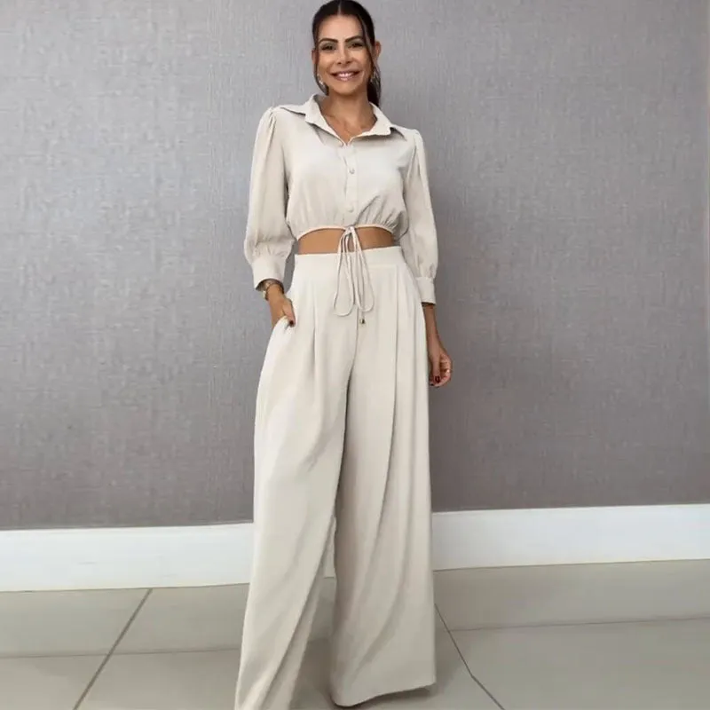 Elegant Drawstring Cropped Shirt and Wide-Leg Pants Two-Piece Set