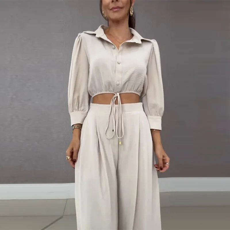 Elegant Drawstring Cropped Shirt and Wide-Leg Pants Two-Piece Set