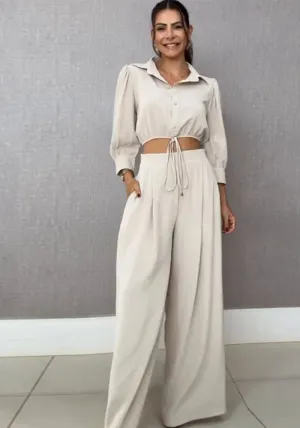 Elegant Drawstring Cropped Shirt and Wide-Leg Pants Two-Piece Set