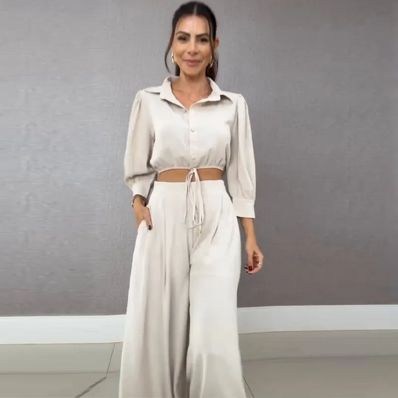 Elegant Drawstring Cropped Shirt and Wide-Leg Pants Two-Piece Set