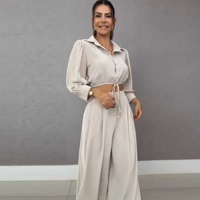 Elegant Drawstring Cropped Shirt and Wide-Leg Pants Two-Piece Set