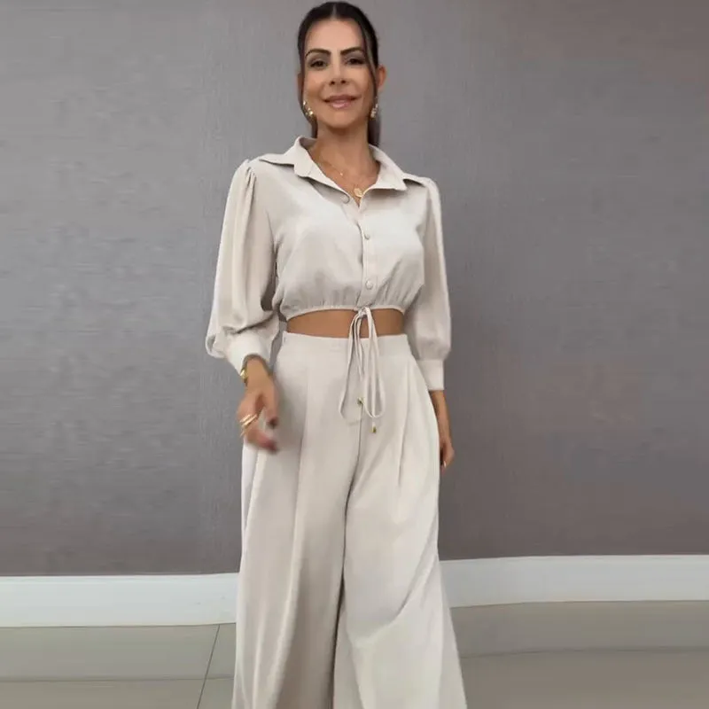 Elegant Drawstring Cropped Shirt and Wide-Leg Pants Two-Piece Set