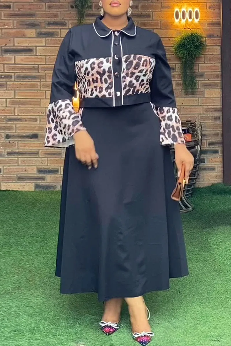 Elegant Leopard Print Patchwork Top and Flowing Long Skirt Set