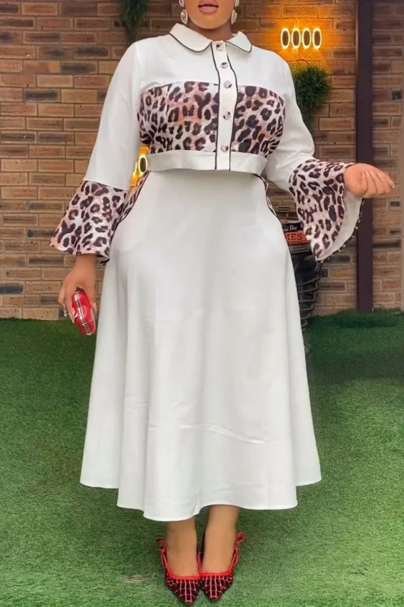 Elegant Leopard Print Patchwork Top and Flowing Long Skirt Set