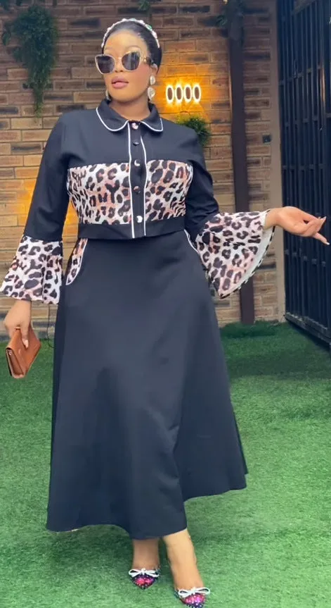 Elegant Leopard Print Patchwork Top and Flowing Long Skirt Set