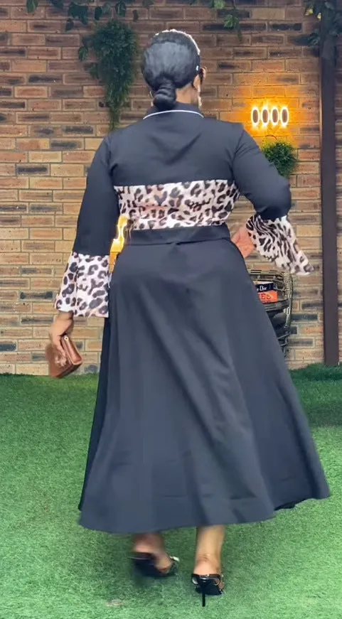 Elegant Leopard Print Patchwork Top and Flowing Long Skirt Set