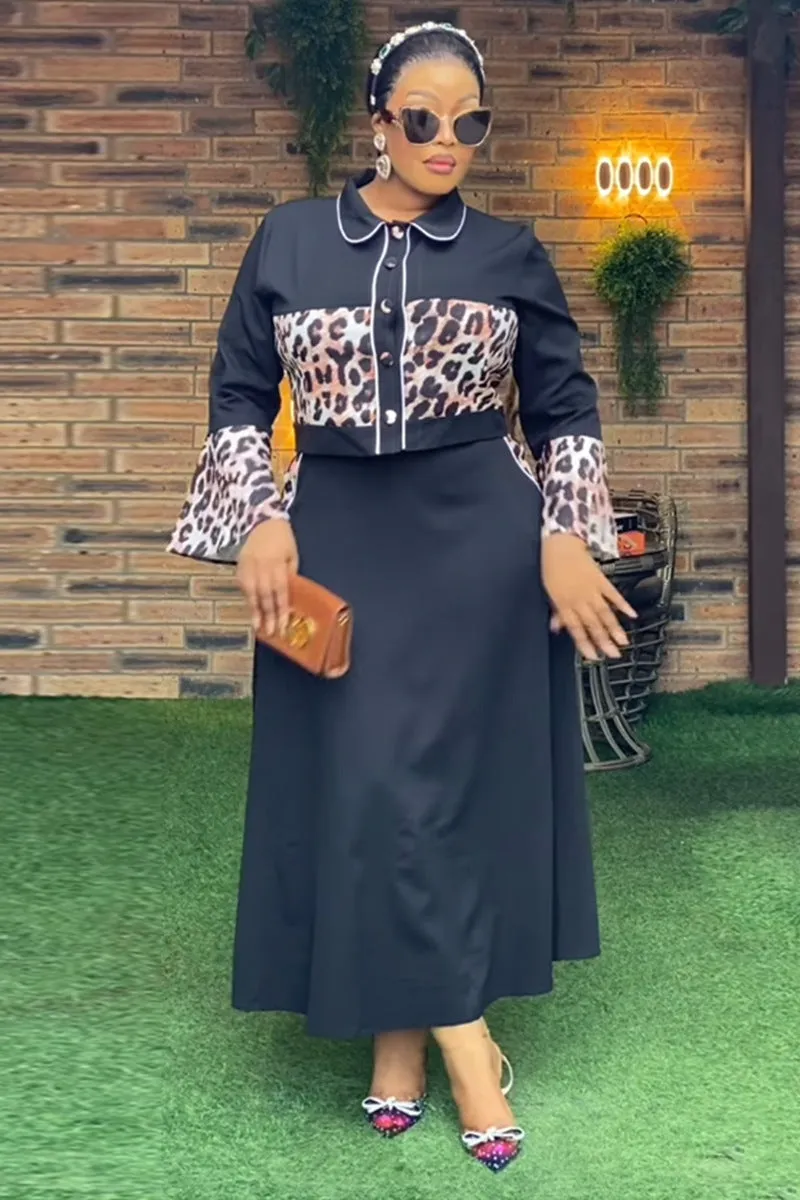 Elegant Leopard Print Patchwork Top and Flowing Long Skirt Set