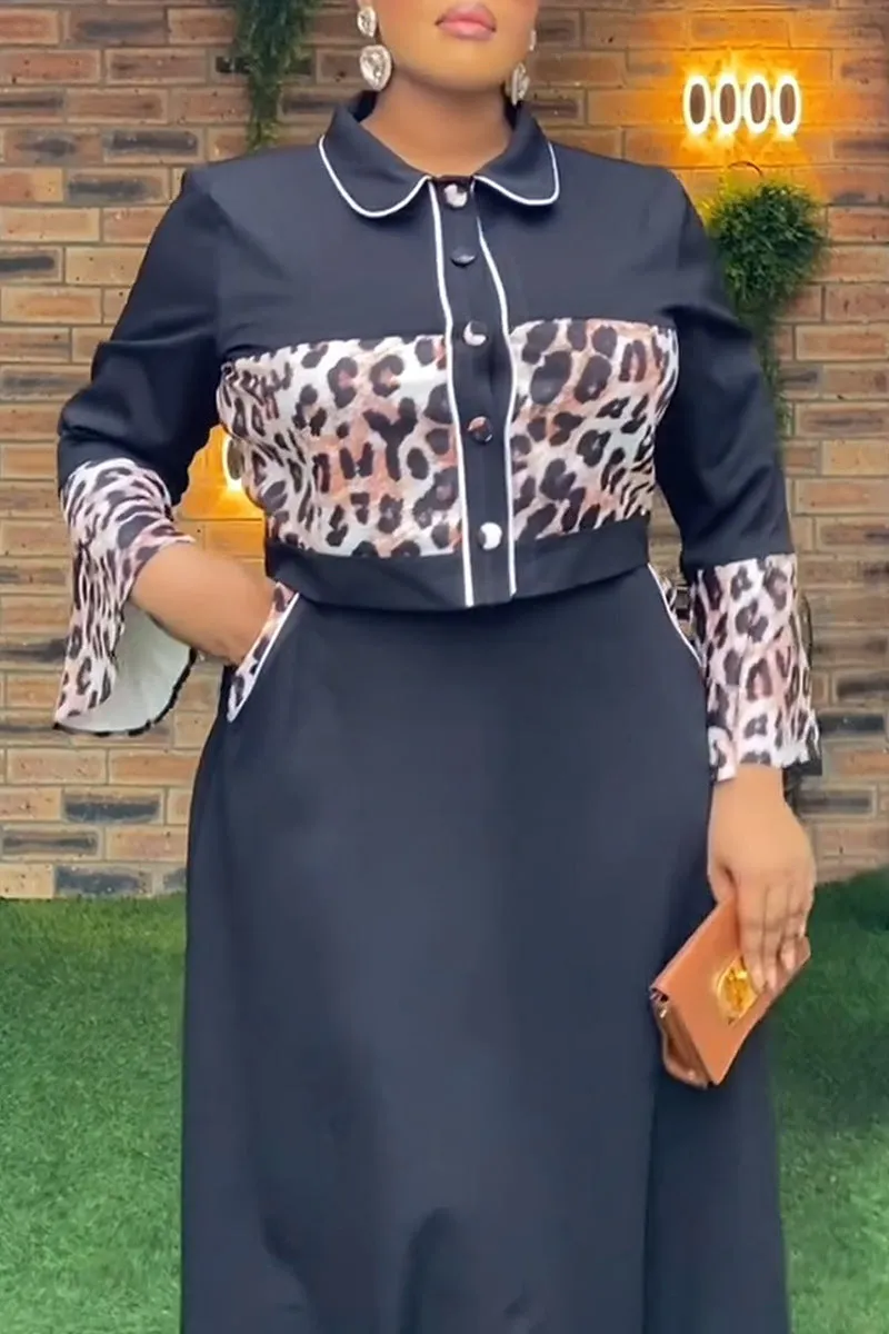 Elegant Leopard Print Patchwork Top and Flowing Long Skirt Set