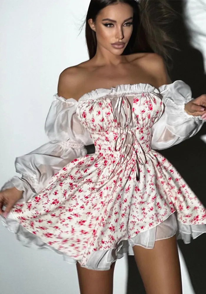 Elegant Mesh Patchwork Off-Shoulder A-Line Dress with Lace Details for a Flirty, Feminine Look