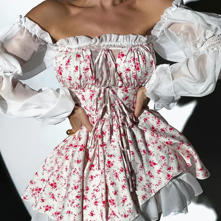 Elegant Mesh Patchwork Off-Shoulder A-Line Dress with Lace Details for a Flirty, Feminine Look