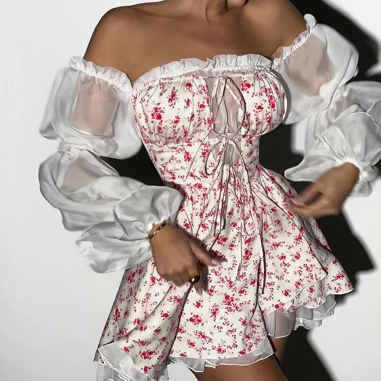 Elegant Mesh Patchwork Off-Shoulder A-Line Dress with Lace Details for a Flirty, Feminine Look